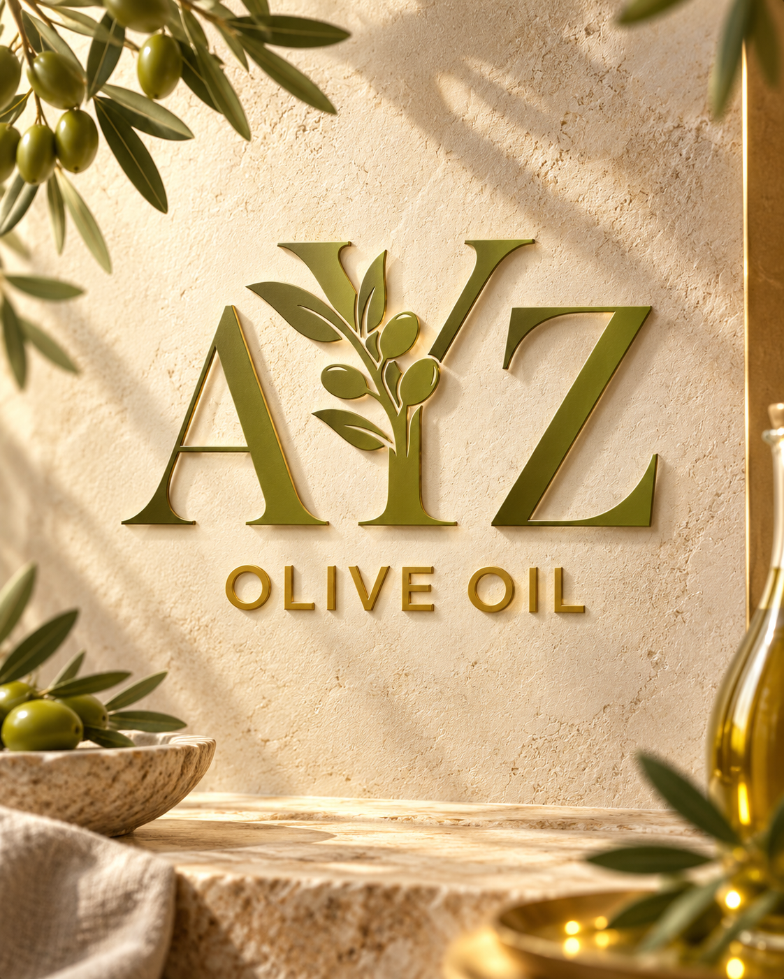 Zeytin dalları ve altın tonlarında AYZ Olive Oil marka görseli