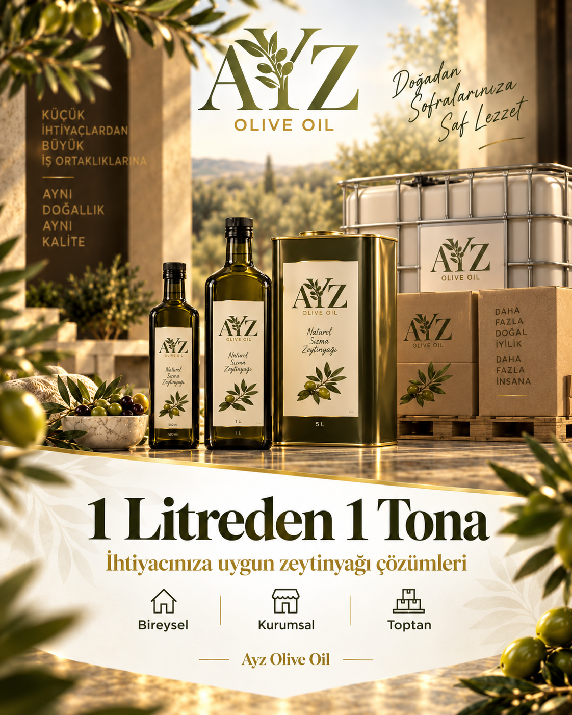 AYZ Olive Oil bireysel ve yüksek hacimli zeytinyağı ambalajlarını gösteren tanıtım görseli